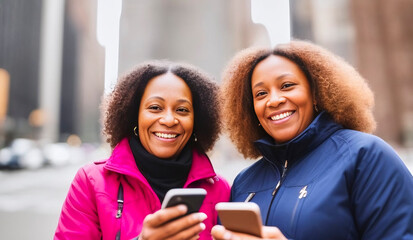 Two black women with curly dark hair are holding their cellphones and looking ahead with their heads together smiling, fictional person, made with generative AI