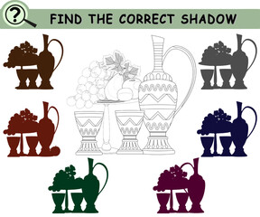 Find the correct shadow of jug, cups and fruits. Coloring book page with logical game for children and adults. Vector illustration.