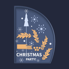 Christmas tree, holly berries. Christmas party. Holiday background. Winter. Festival template.