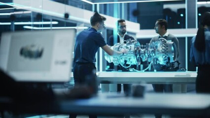 Software Developer, Project Manager and Machinery Operators Collaborate on a Prototype Turbine Engine, Standing with Laptop Computer in Scientific Technology Lab. Team Developing a New Electric Motor - Powered by Adobe