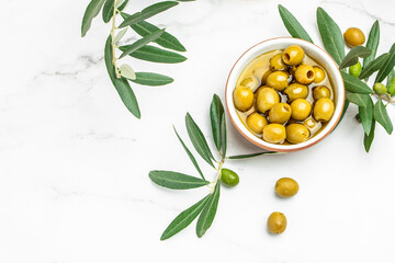 Olive oil and olive berries olive tree. on light background. place for text, top view