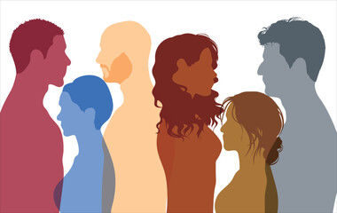 Conference or debate. Friends' discussions. The crowd communicates with each other. People of different colours talking in an isolated group. Various exposures. 