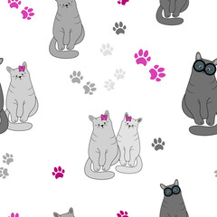 Seamless pattern with cats. Pattern for children with cat and kittens and paws.