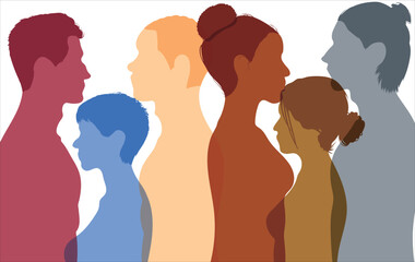 Communicate and speak. Networking and communication on social media. Multi-ethnic people. Crowd of talking people and colored  profiles. Talking is going on everywhere.