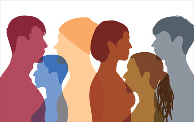 The crowd communicates with each other. People of different colours talking in an isolated group. Various exposures. Conference or debate. Friends' discussions.