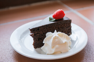 closeup of delicious chocolate cake with ice cream