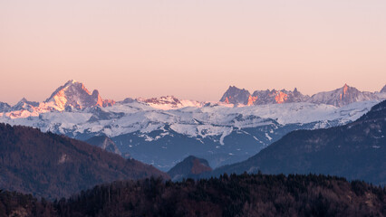 Landscape of the Grandes Jorasses peaks of the Mont Blanc Massif, European Alps, France during sunset