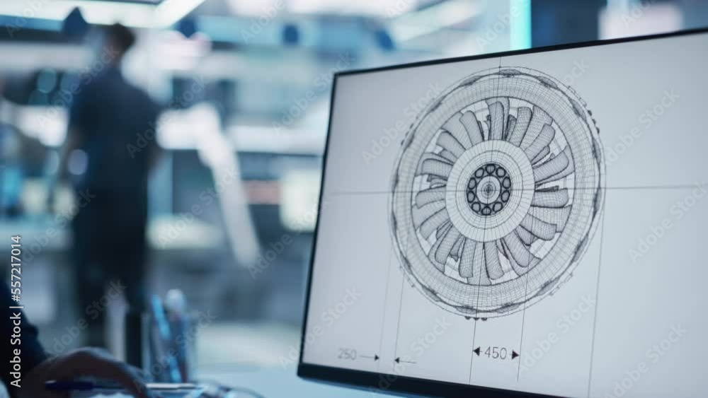Aufkleber Close Up of a Computer Monitor Display with 3D CAD Software with Prototype Turbine Motor Project. Two Specialists Discussing Work, Their Hands Visible In Front of the Screen.