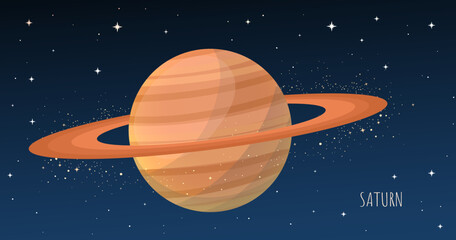 Saturn planet with Rings. Collection of Planets of solar system. Cartoon style vector illustration isolated on white background. Space galaxy background cartoon universe, cosmos dust scenery.