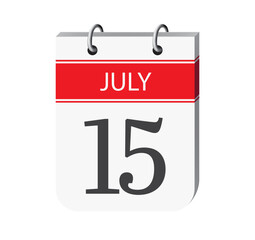 15 july calendar page vector. 3d one day calendar date appointment, deadline, event reminder illustration. Abstract three dimensional daily date calendar.
