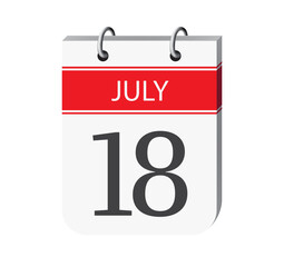 18 july calendar page vector. 3d one day calendar date appointment, deadline, event reminder illustration. Abstract three dimensional daily date calendar.
