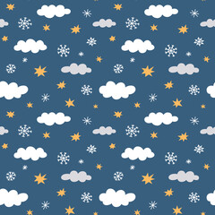 Winter night sky, hand drawn seamless pattern, doodle colored ornament of  stars, clouds and snowflakes icons, vector illustrations of stars on blue background, colored pattern