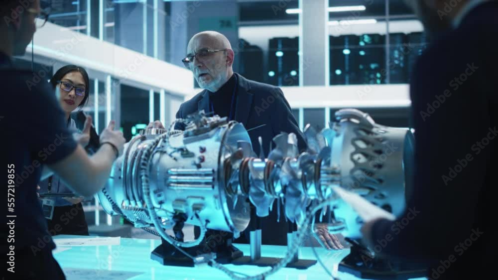 Poster diverse multiethnic team of industrial engineers gathered around a table with a prototype turbine en