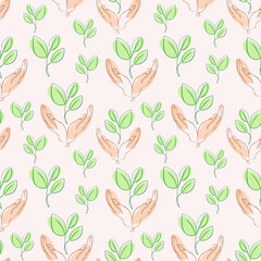 Ecology seamless pattern. Hands protect the sprout of the plant