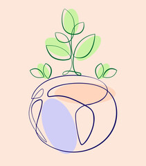 Image of the globe and young shoots of a green plant. Vector image on the topic of ecology and nature conservation. Hand drawn illustration in simple one line style