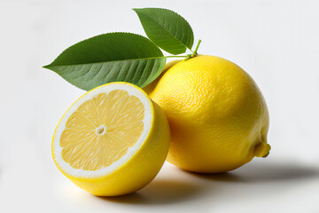 Lemon fruit with leafs isolated photo. Lemons whole, half, slice, leaves on white background. Lemon slices with leaf and zest isolated. With clipping path. Full depth of field.