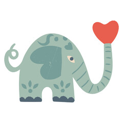 Funny Valentine's Day design. A cute elephant toy holding a heart in a trunk. Vector hand-drawn illustration.