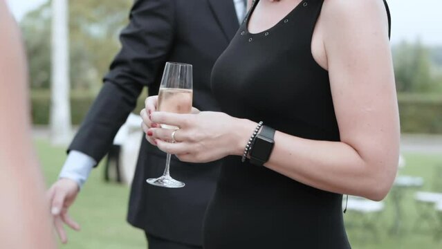 Group of business people at corporate party in amazing mansion garden, elegant colleagues relaxing on event, drinking exclusive alcohol, talking and enjoying party. Weekend relax of business people