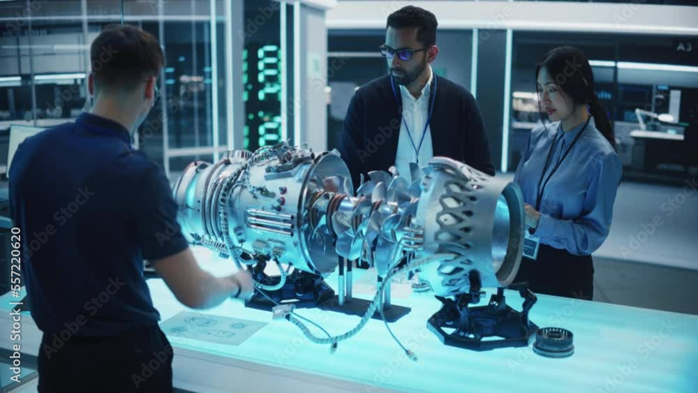 Poster young team of engineers and machinery operators collaborate on a new type of a gas turbine engine, s