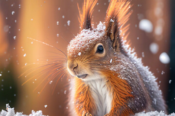 Close up portrait cute red squirrel looking at camera, winter scene photo with nice blurred forest in the background
