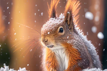 Fotobehang Close up portrait cute red squirrel looking at camera, winter scene photo with nice blurred forest in the background  © Carkhe