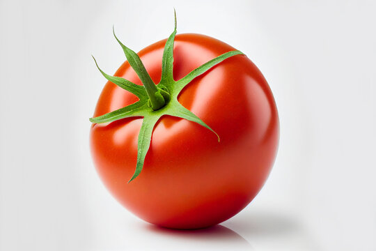 Close up delicious red tomato on white background isolated. Tomatoes with green basil leaves. Clipping path. Full depth of field.