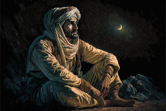 A bedouin, a nomadic Arab man, sits alone in the desert stargazing and contemplating life. He wears traditional Arabian clothing and looks up at the night sky. generative ai