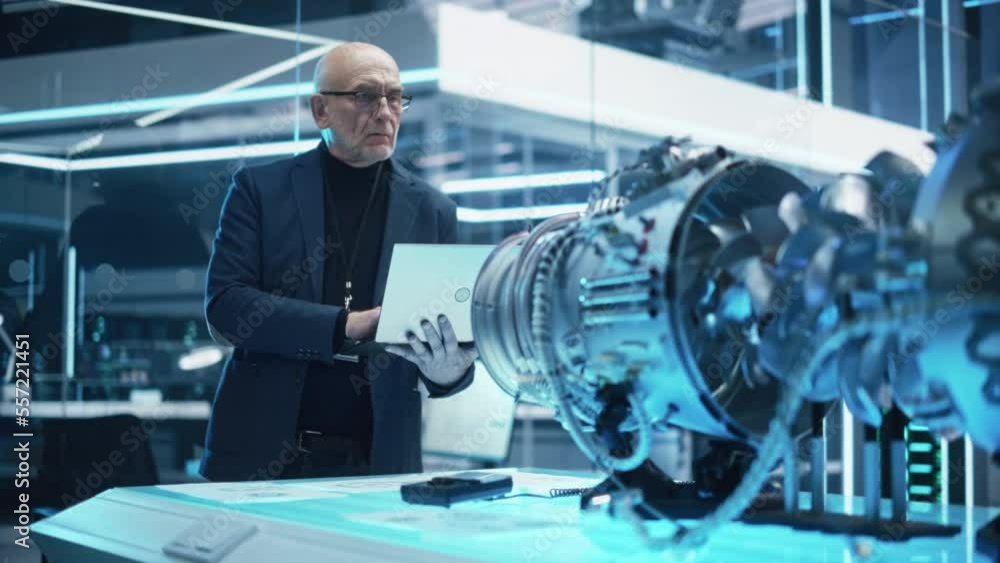 Poster middle aged industrial engineer working on a futuristic jet engine, standing with laptop computer in