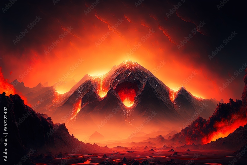 Poster a mountain range shrouded in a deadly fog on a fantastical environment of molten lava and magma. gen