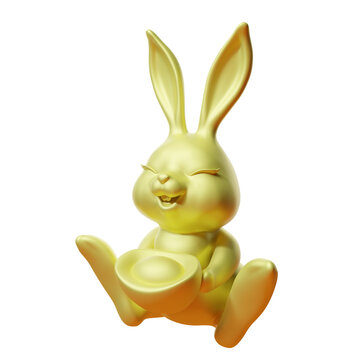 Year of the rabbit and gold ingot 3d render