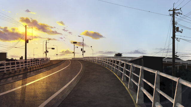 【背景イラスト】橋の上へ向かう道路