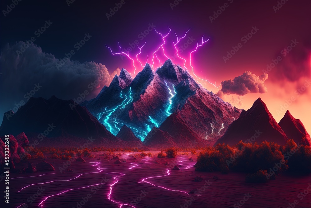 Poster . neon abstract back drop. amazing scene of flashing lightning and rugged mountains. generative ai