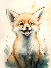 Obraz premium A watercolor painting of a happy red fox, Generative AI.