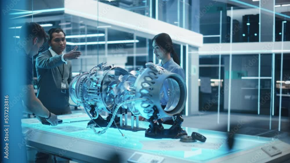 Poster Software Developer, Project Manager and Machinery Operators Collaborate on a Prototype Turbine Engine, Standing with Laptop Computer in Scientific Technology Lab. Team Developing a New Electric Motor.