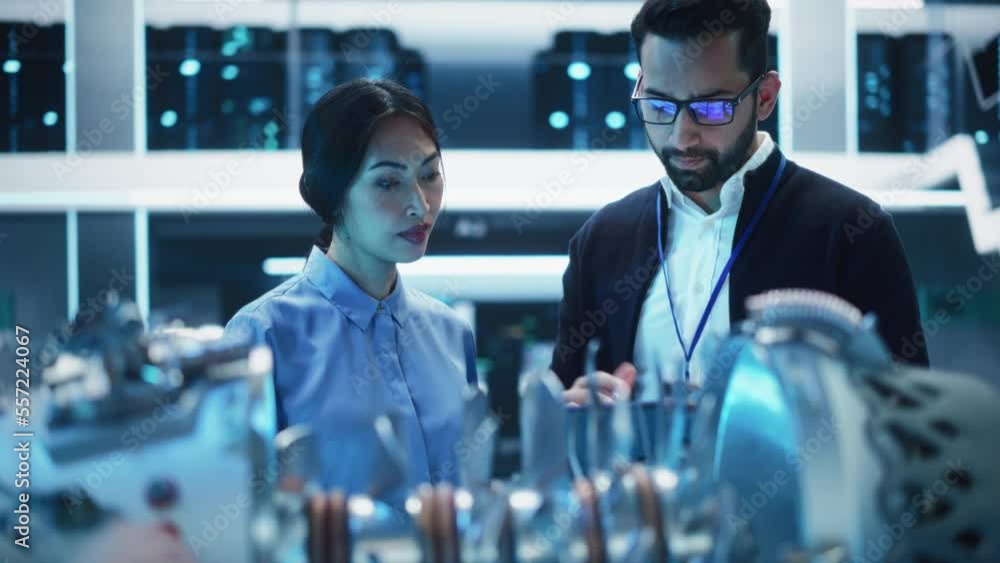 Poster Portrait of Two Multiethnic Employees Work in Modern Research Facility with a Futuristic Jet Engine. Engineer with a Laptop Explaining How the Prototype Motor Works to an Industrial Specialist.
