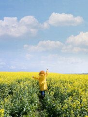Fototapeta premium A woman running in a yellow field on a warm spring day
