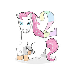 White pony with blue eyes and pink mane with a multicolored number 2. Decor for an invitation to a birthday party 2 years