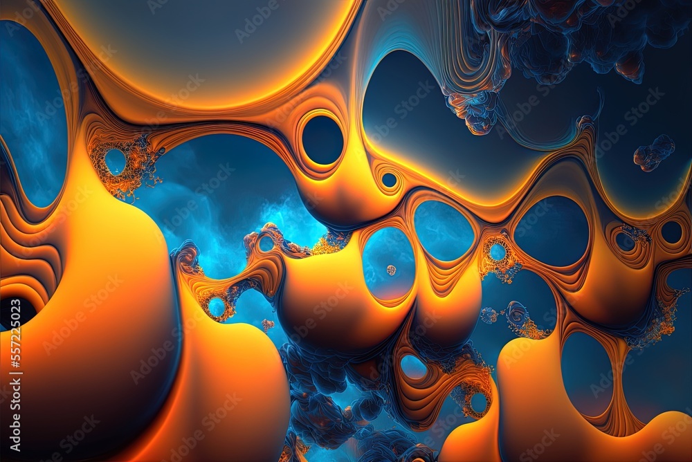 Poster incredible clouds in abstract shades of blue and orange. fractal backdrop with vibrant colors. creat