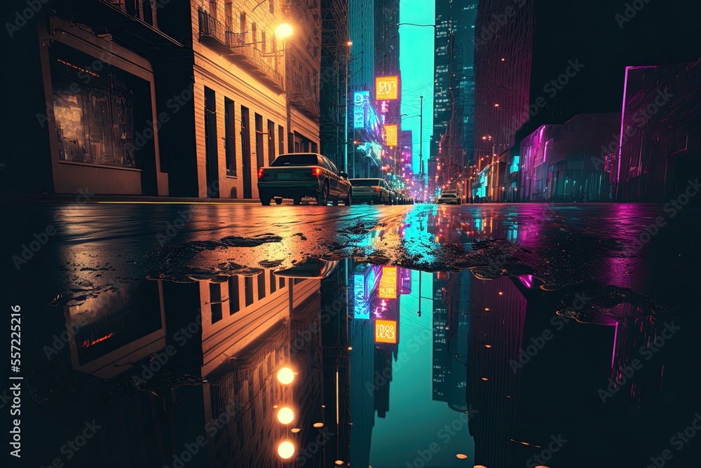 Poster light from puddles on the pavement shines upward toward the skyscrapers in this picture of a neon me