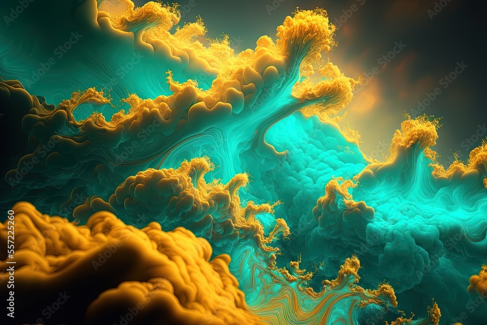 Poster awesome clouds in abstract shades of turquoise and yellow. fractal backdrop with vibrant colors. cre