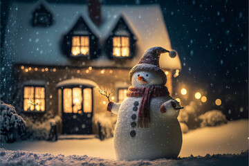Obraz premium A snowman illuminated by the new white snow in the garden of a family home creates a festive and nostalgic atmosphere that invites love and tenderness.