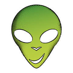 Scratchboard Engraved Icon of Alien Face with Green Fill