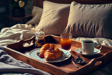 Breakfast in bed with croissants hot drink food