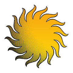 Scratchboard Engraved Icon of Sun with Yellow Fill