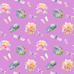 Watercolor Seamless Pattern with Romantic Flying dragonflies, butterflies, flowers and leaves of water lily on purple background.