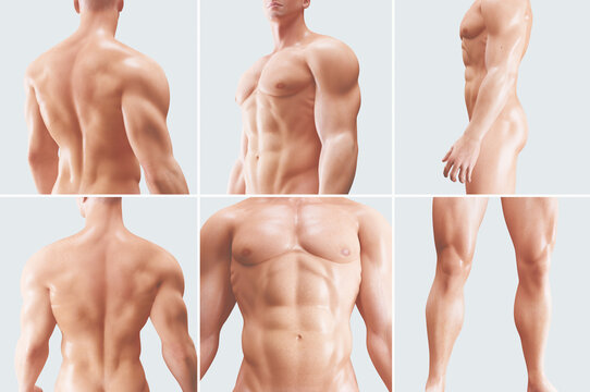 Views of muscular shirtless male bodybuilder. 3d rendering