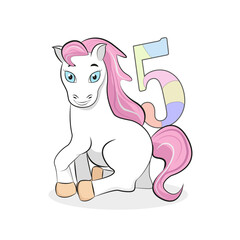 A white pony with blue eyes and a pink mane with a multicolored number 5. Decor for an invitation to a birthday party for 5 years