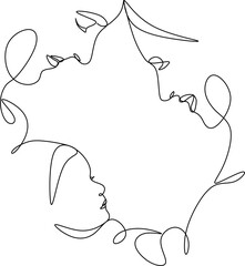Happy family in continuous line art drawing style. United family portrait of parents and their little girl kid black linear sketch isolated on white background. Vector illustration