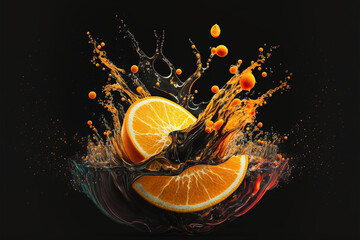Fototapeta Fresh juicy orange slices closeup on black background, Generative AI obraz