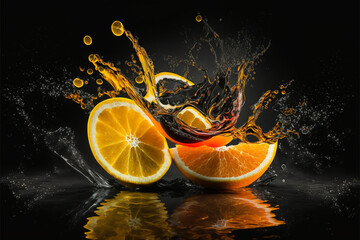 Fresh juicy orange slices closeup on black background, Generative AI - obrazy, fototapety, plakaty